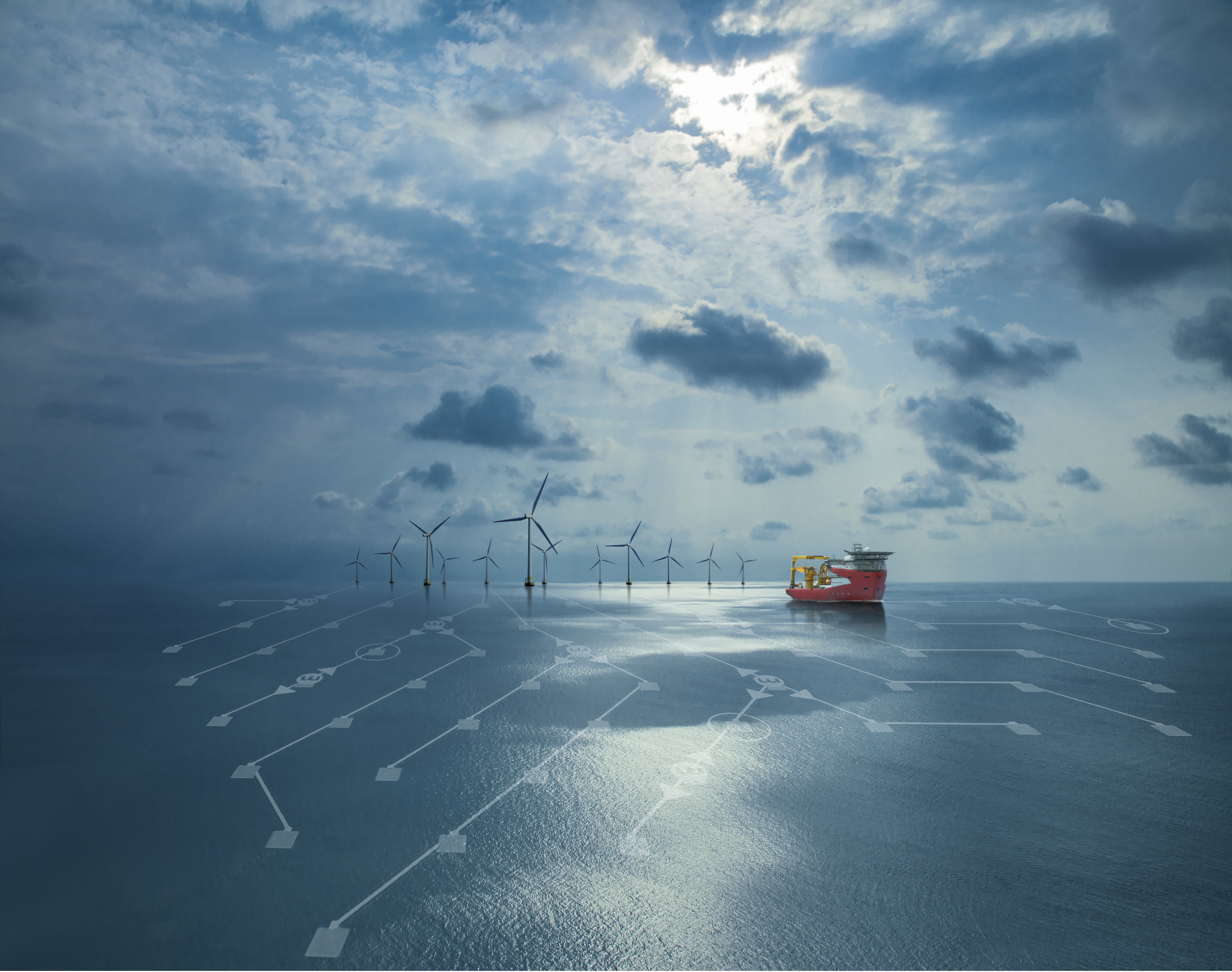 Vessel at Sea, with windpark, visual offshore energy