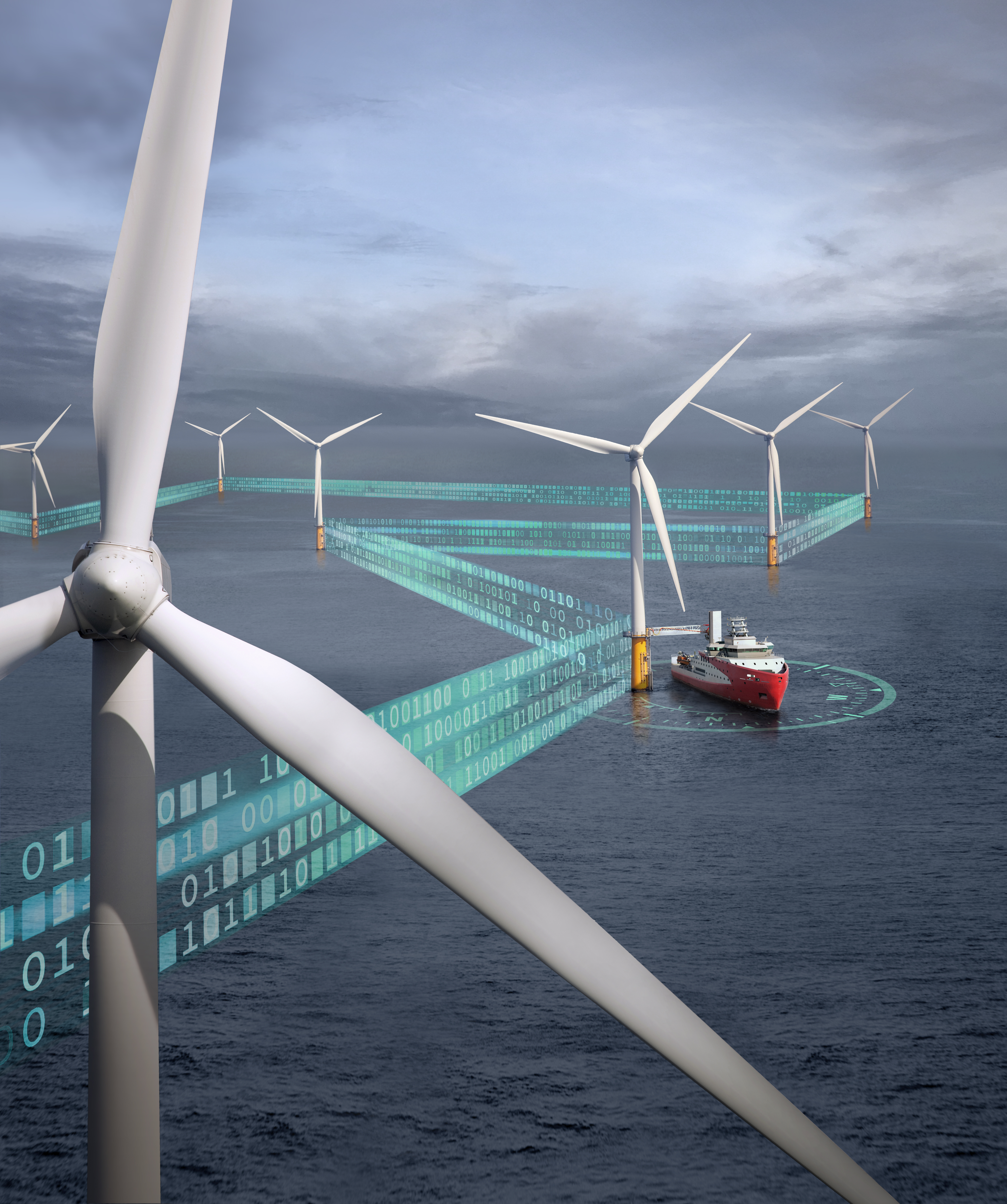 Vessel at sea in windfarm with digital path