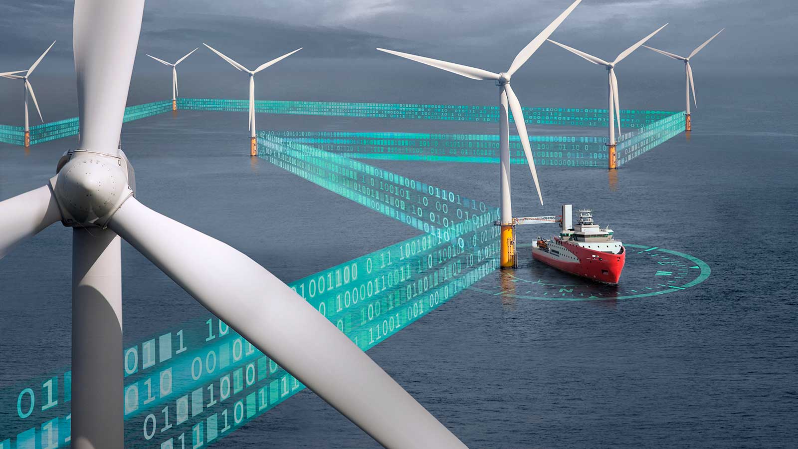 Offshore vessel and windmills in the ocean