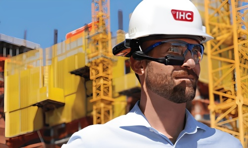 Guy in hard hat and smart glasses at construction site
