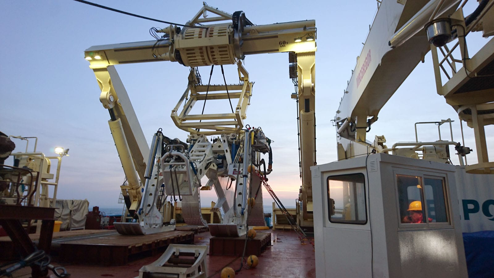 Telecoms cable plough LARS with ploug on deck in white