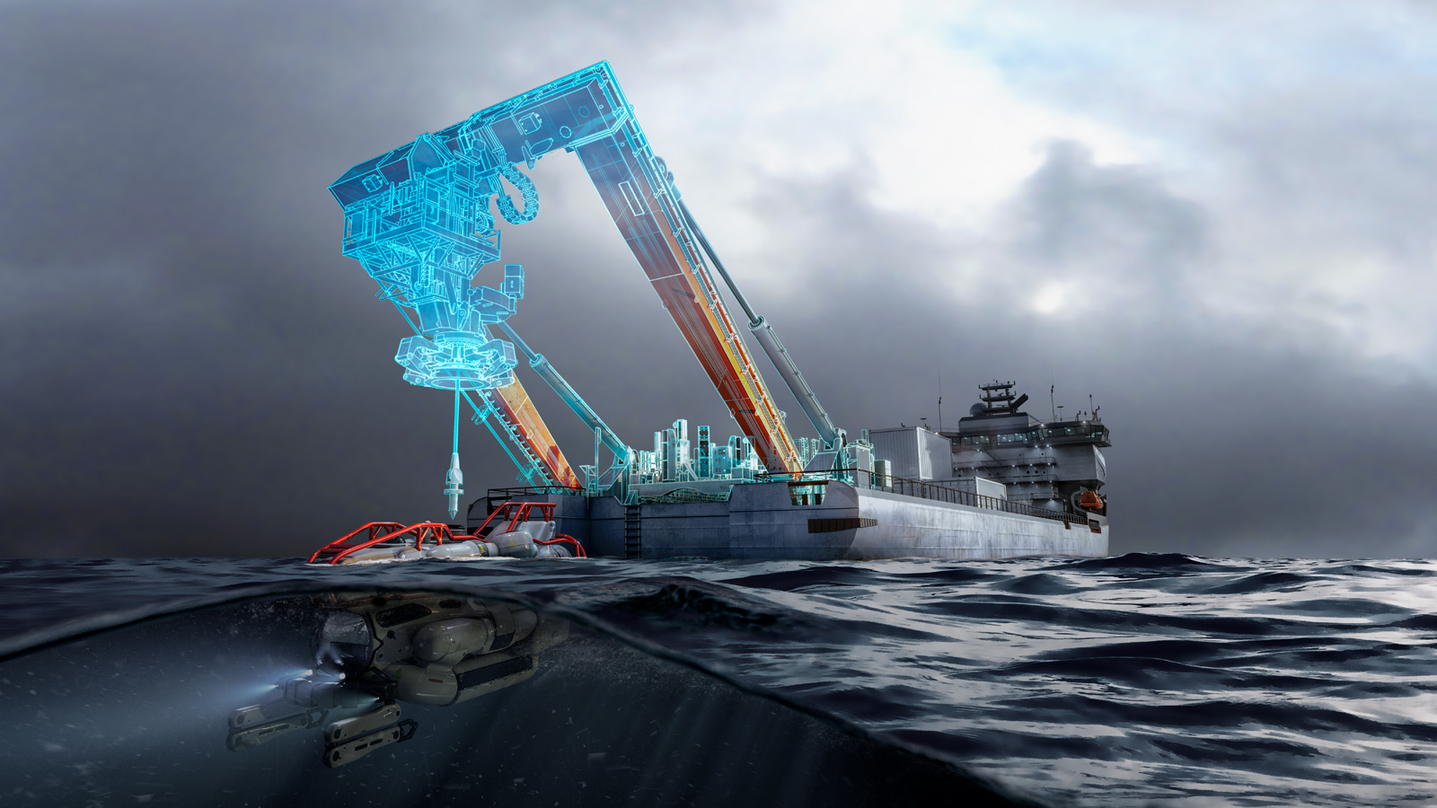 artist impression of navy vessel with submarine rescue system on aft of vessel 