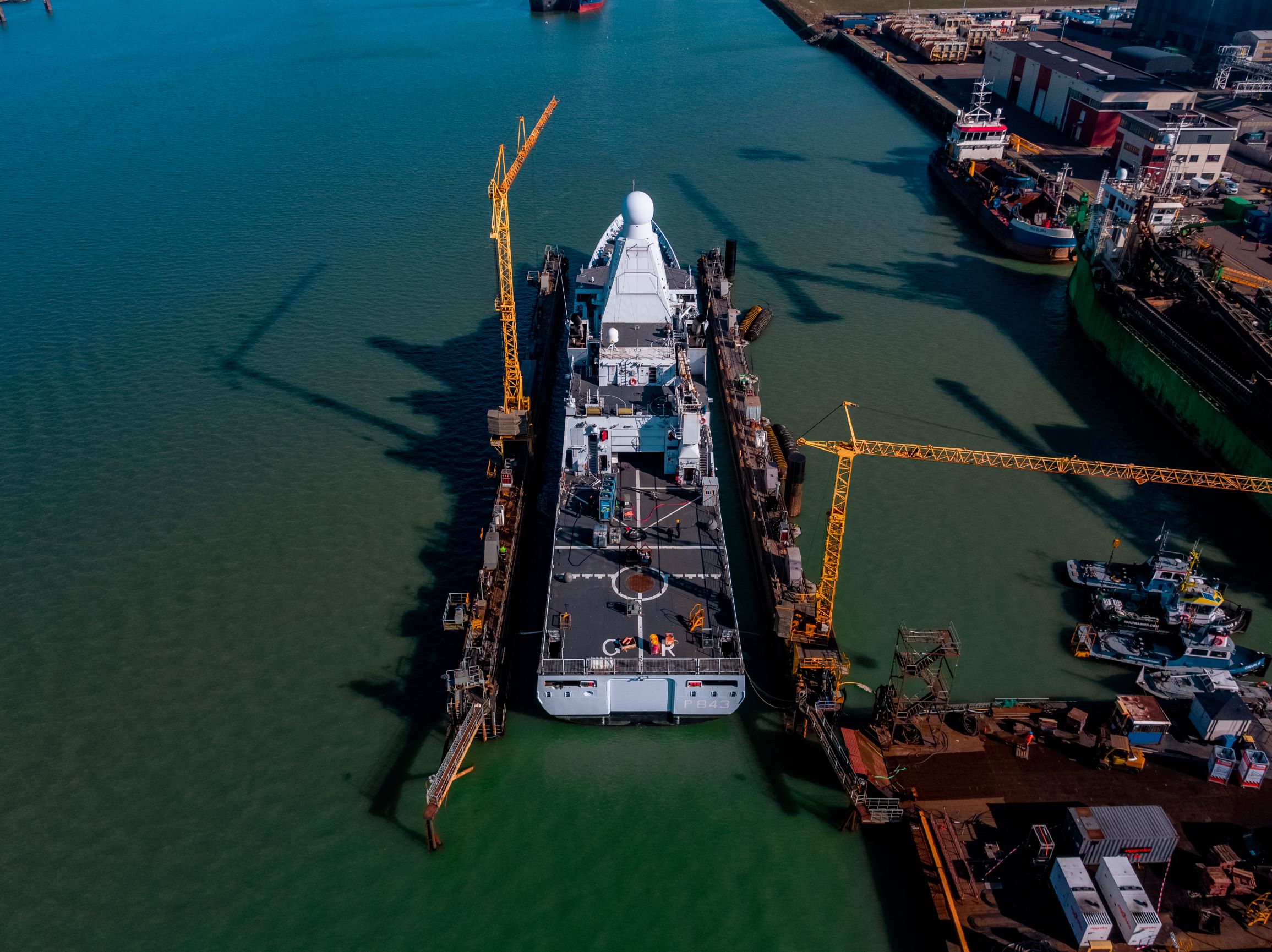 patrol vessel HNLMS Groningen in dock seen from above