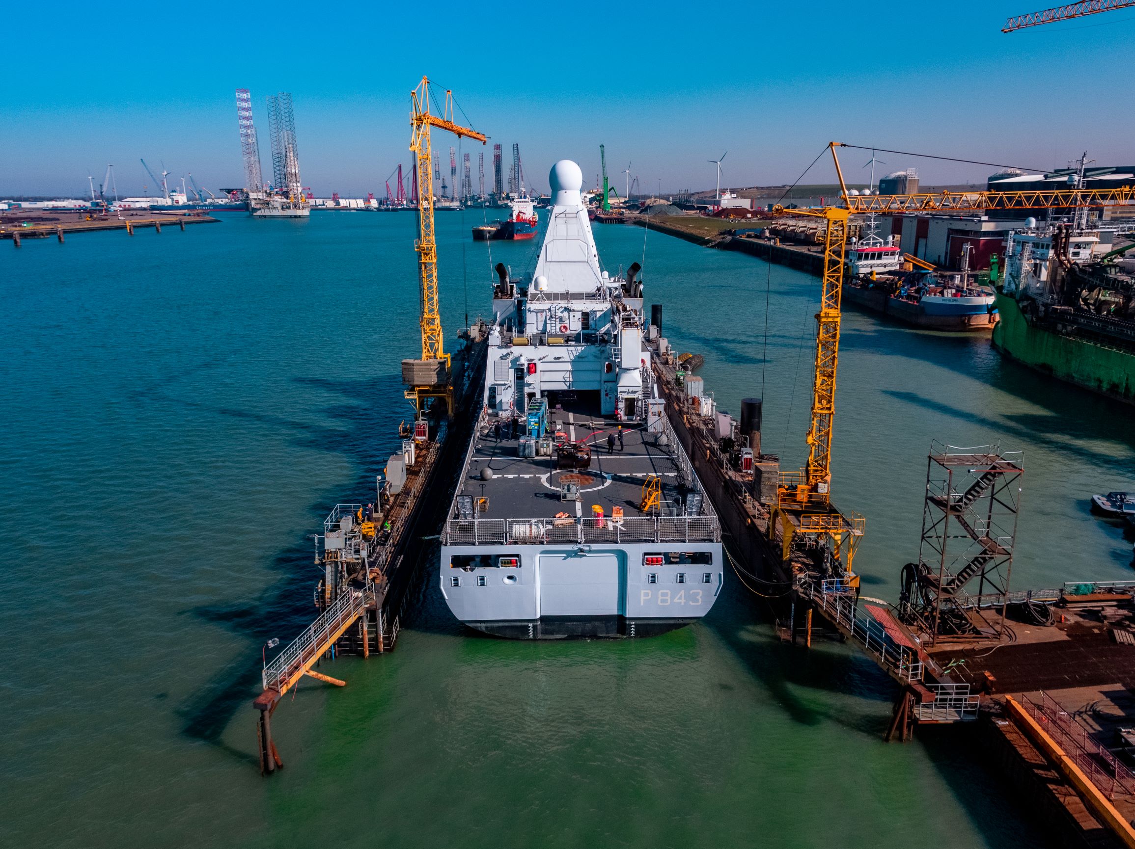 Patrol vessel HNLMS Groningen in dock for maintenance HNLMS Groningen in dock view of aft of the vessel