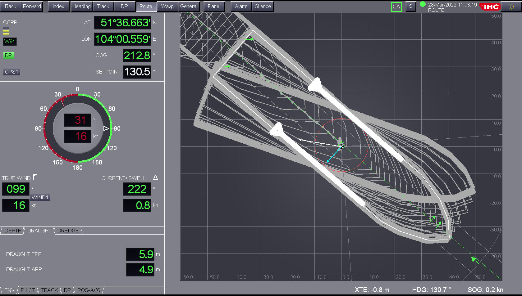 Dynamic positioning of a dredging vessel