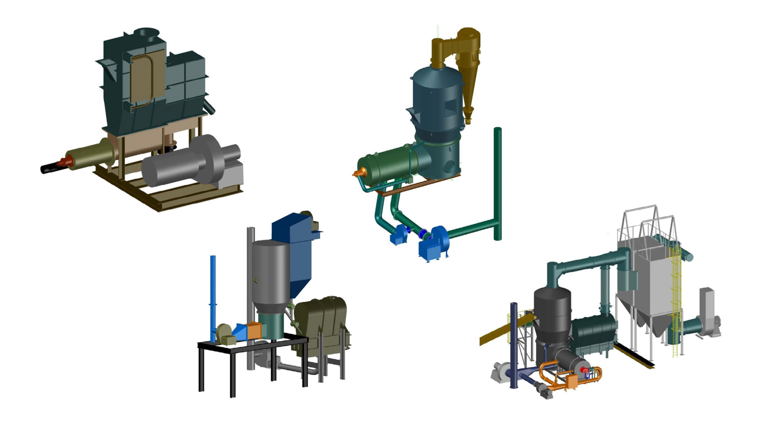 Top, left to right: FB Dryer, Electric Dryer & Cooler with integrated bag house. Bottom: Dryer & Cooler systems Overview of (elements of) fluid fed dryers