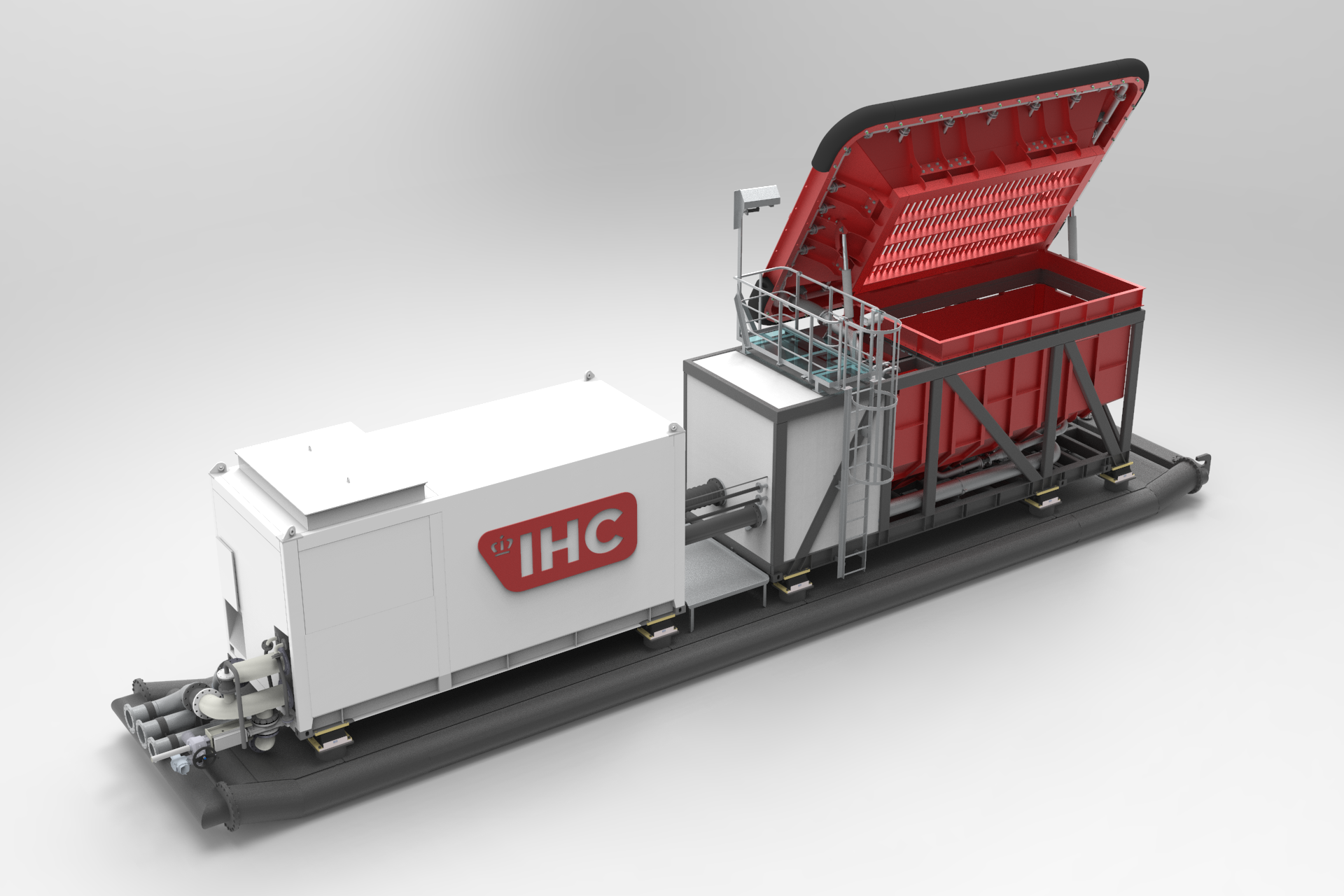 The tiltable grizzly screen of the IHC TSU. The screen (75mm aperture) covers the slurrification bin to screen off oversize and protect the pump from blockage.  