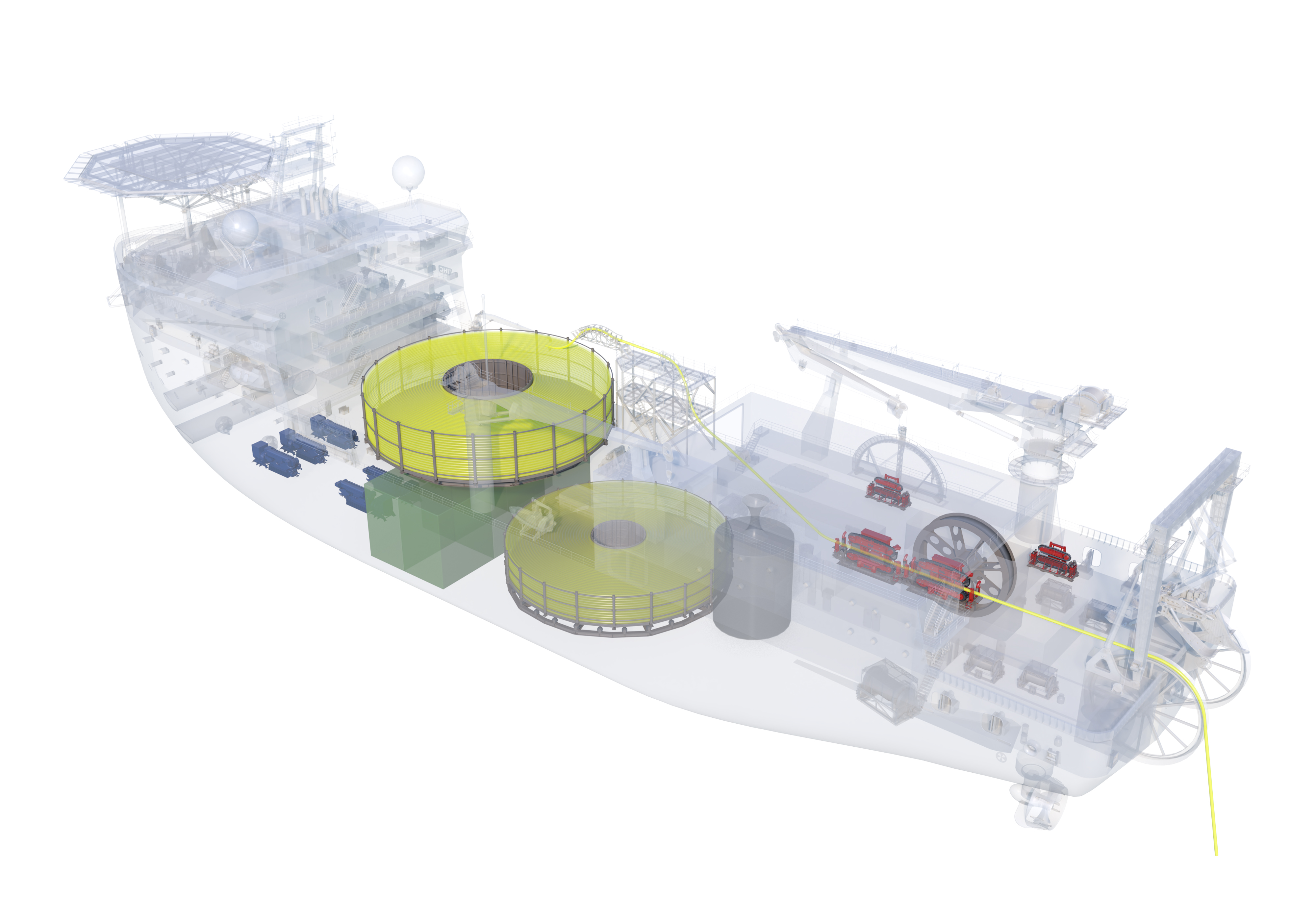 transparent view of export cable lay vessel showing equipment lay out