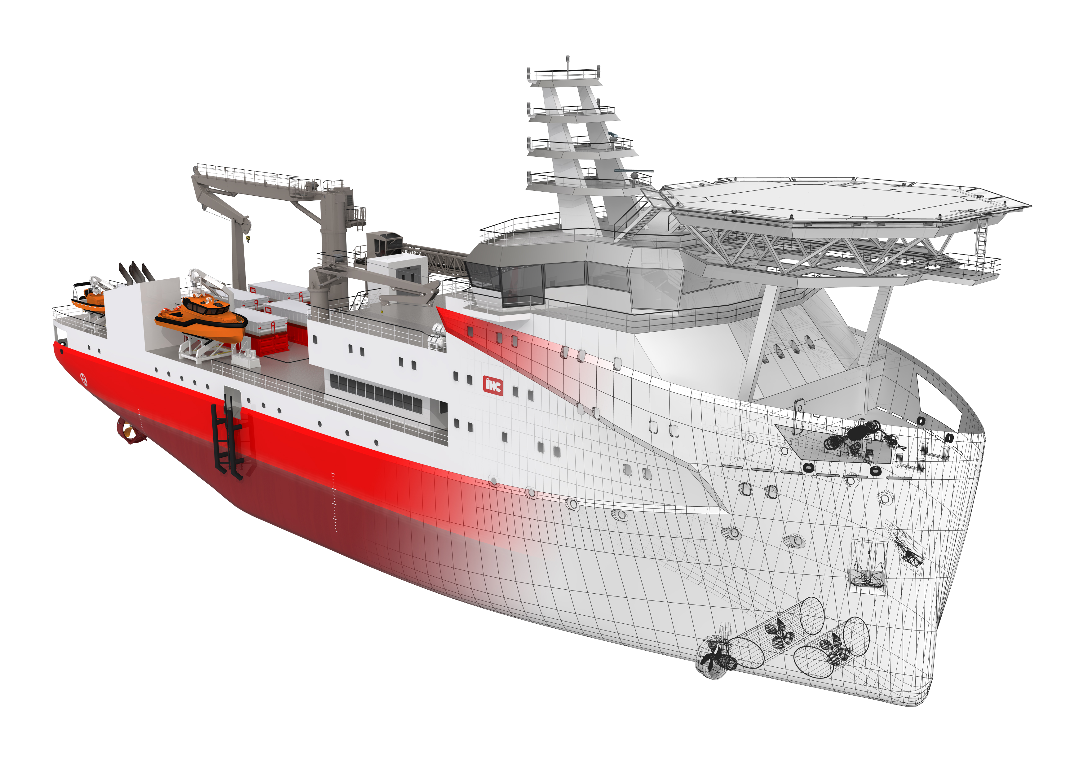 offshore vessel partly transparent showing design lines on hull