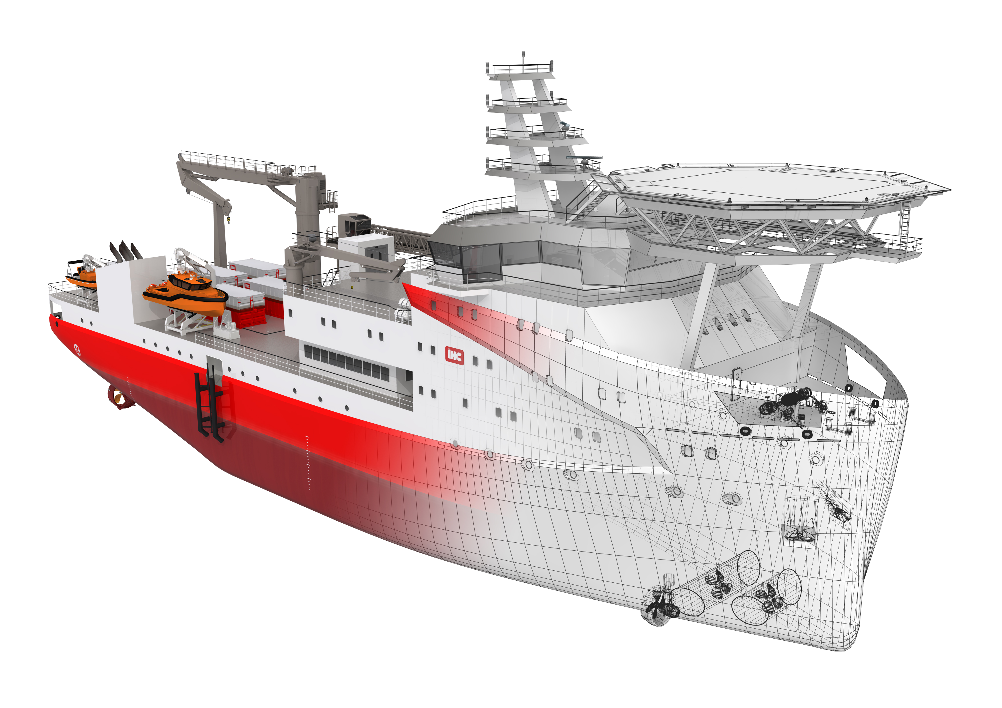 Optimised hull design offshore vessel partly transparent showing design lines on hull