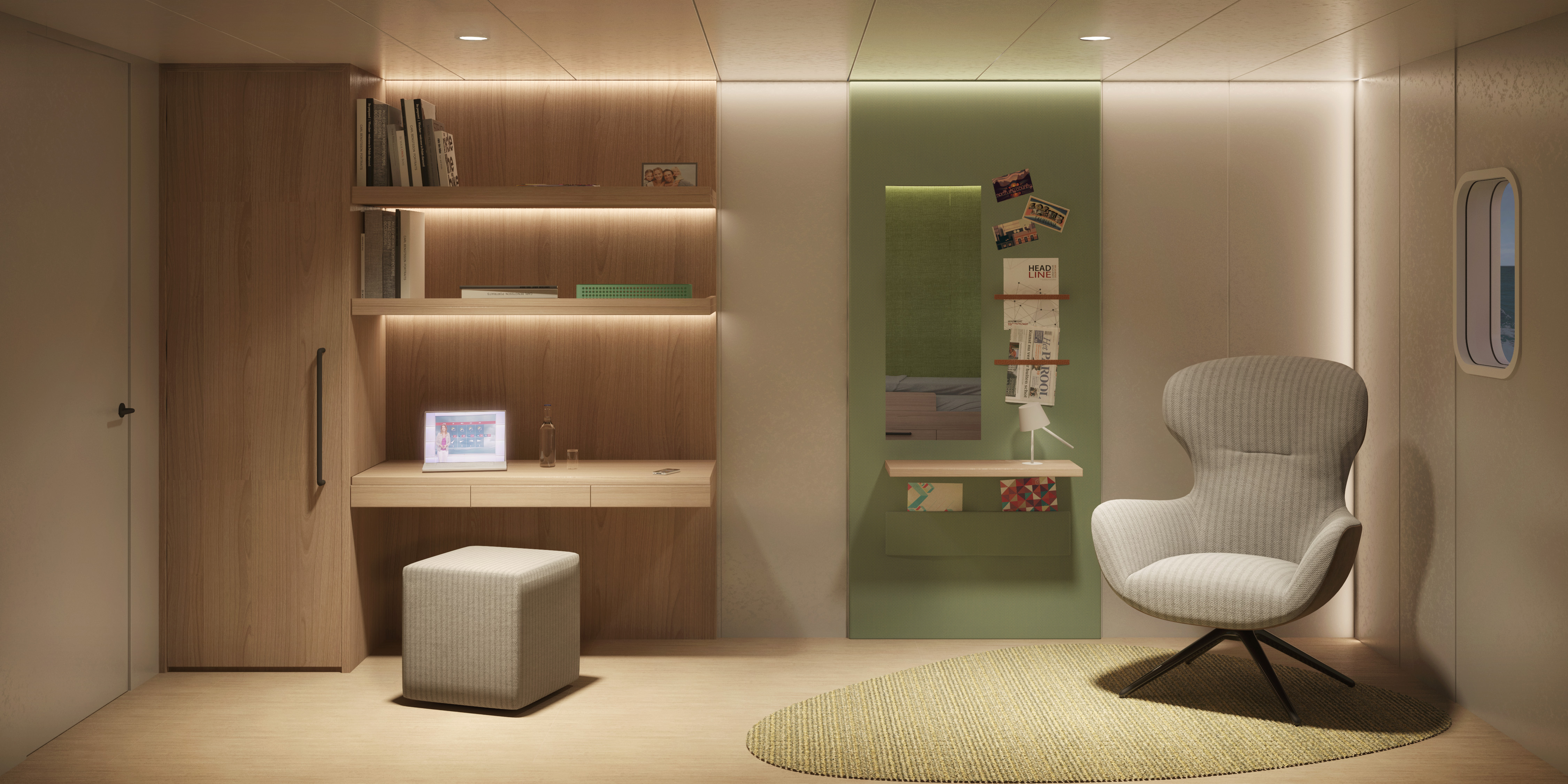 Artist impression of private quarter with desk and comfortable chair